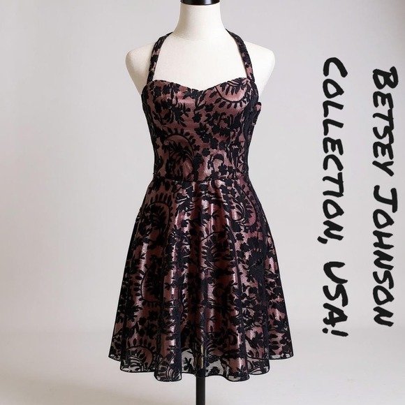 Betsey Johnson‎ Sz 2 Vintage Black Lace Halter Fit n Flare Dress w/Satin Lining - Picture 1 of 9